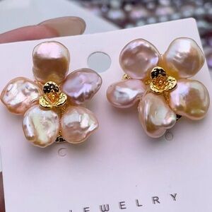 Genuine Pearl Gold and Pink Flower Earrings